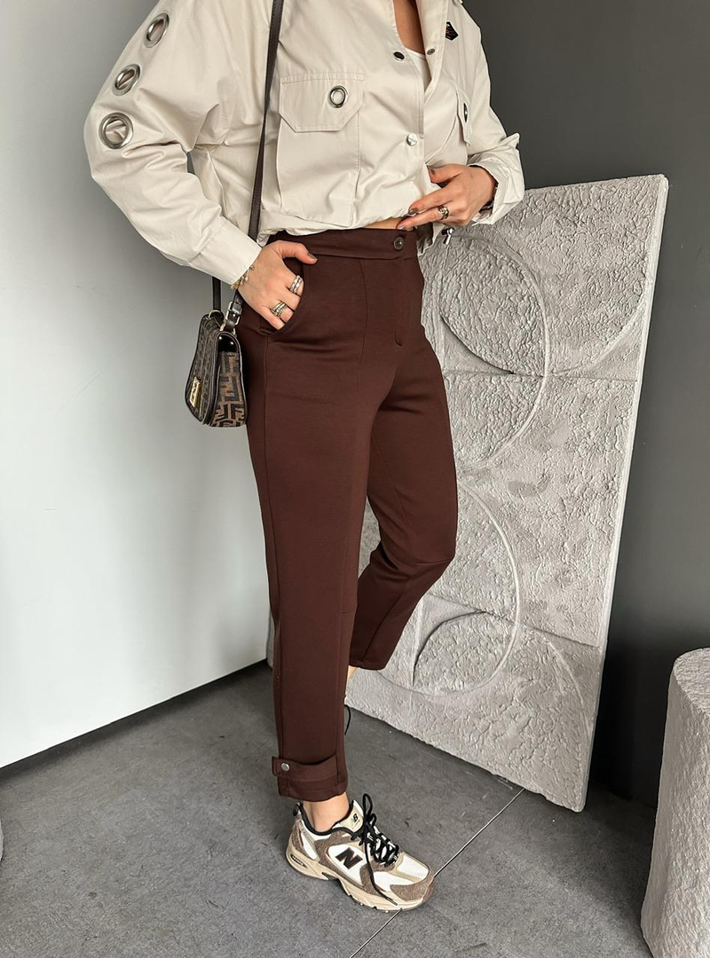 Kahve Paçası Çıtçıtlı Ful Likralı Pantolon