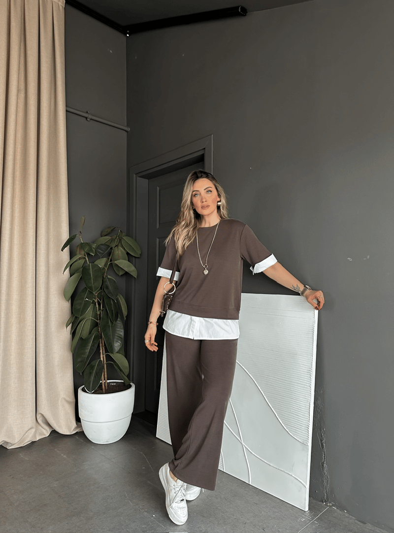 Kahve Poplin Detaylı Modal Takım