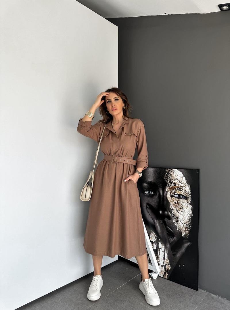 Kahve Safari Beli Kemerli Keten Elbise
