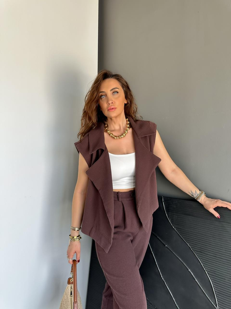Kahve Şal Yaka Yelekli Keten Takım