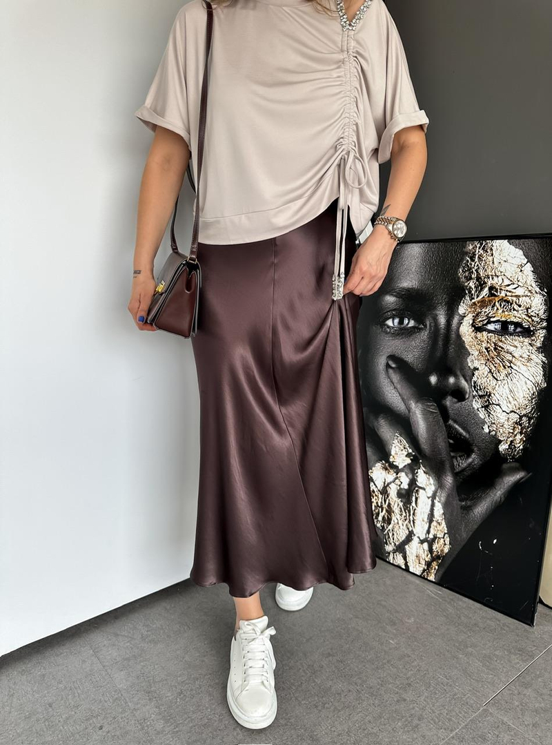 kahve Saten Volanlı Etek 