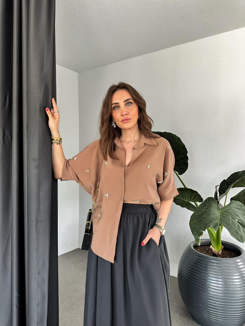 Kahve Serpme Taşlı Model Gömlek