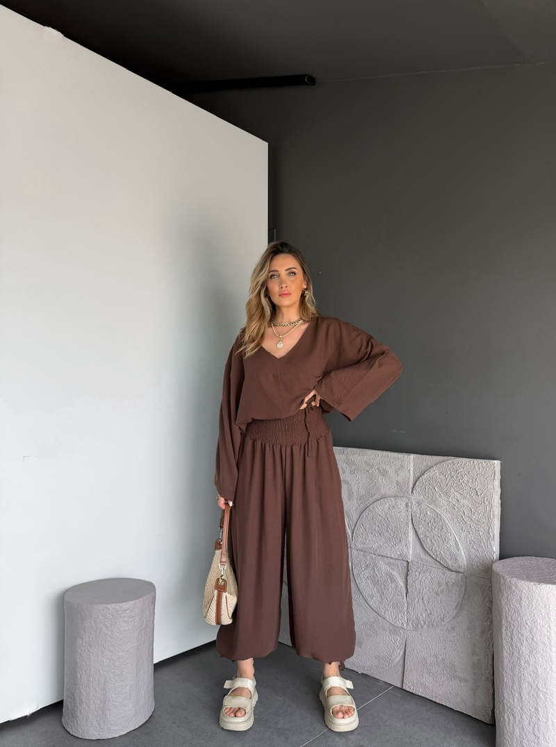 Kahve Tasarım Şalvarlı Keten Takım