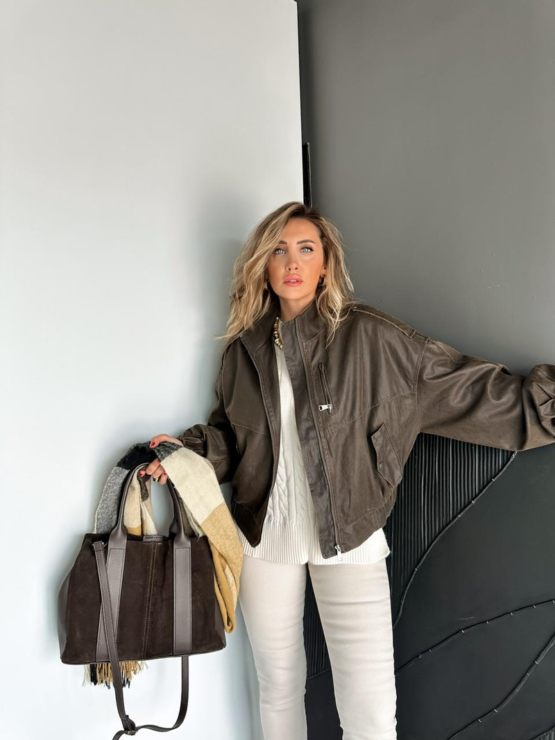 Kahve Taşlanmış Premium Bomber Ceket