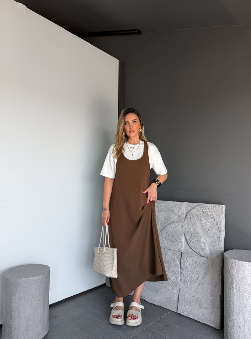 Kahve Tshirtlü Askılı Basic Elbise