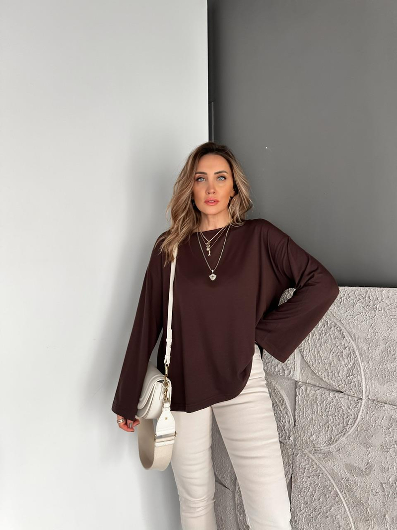 Kahve Uzun Kol Salaş Tshirt