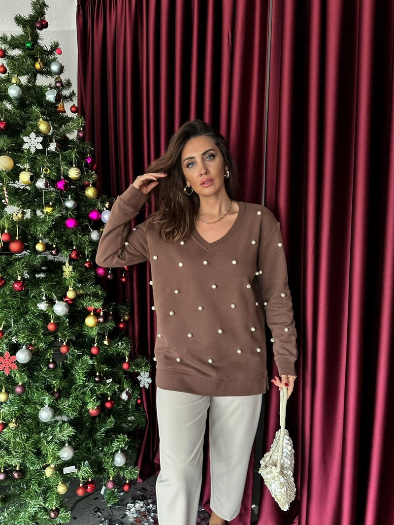 Kahve V Yaka İnci İşlemeli Sweatshirt