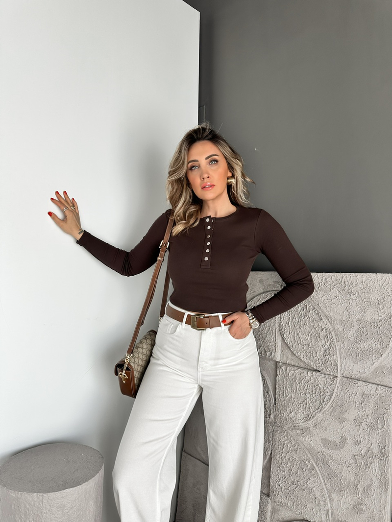 Kahve Yakası Cıtcıtlı Orijinal Fitilli Tshirt