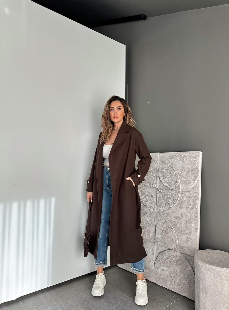 Kahve Yanları Gold Düğmeli Kaşe Kaban