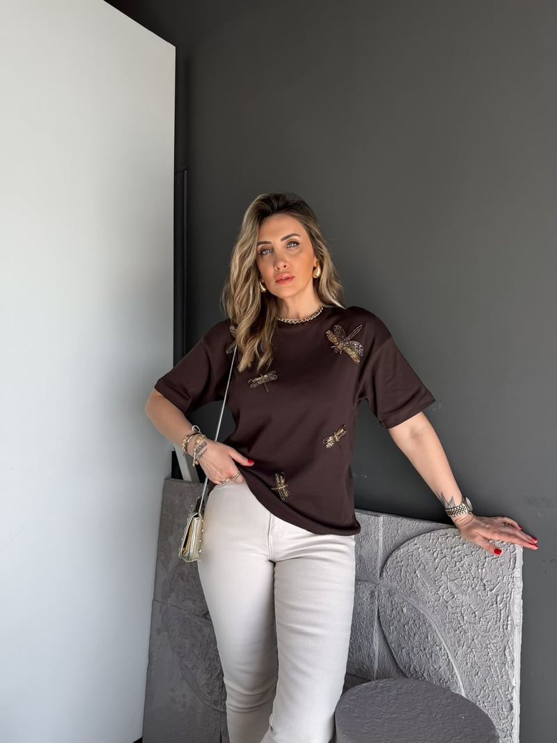 Kahve Yusufçuk İşlemeli Cotton Tshirt