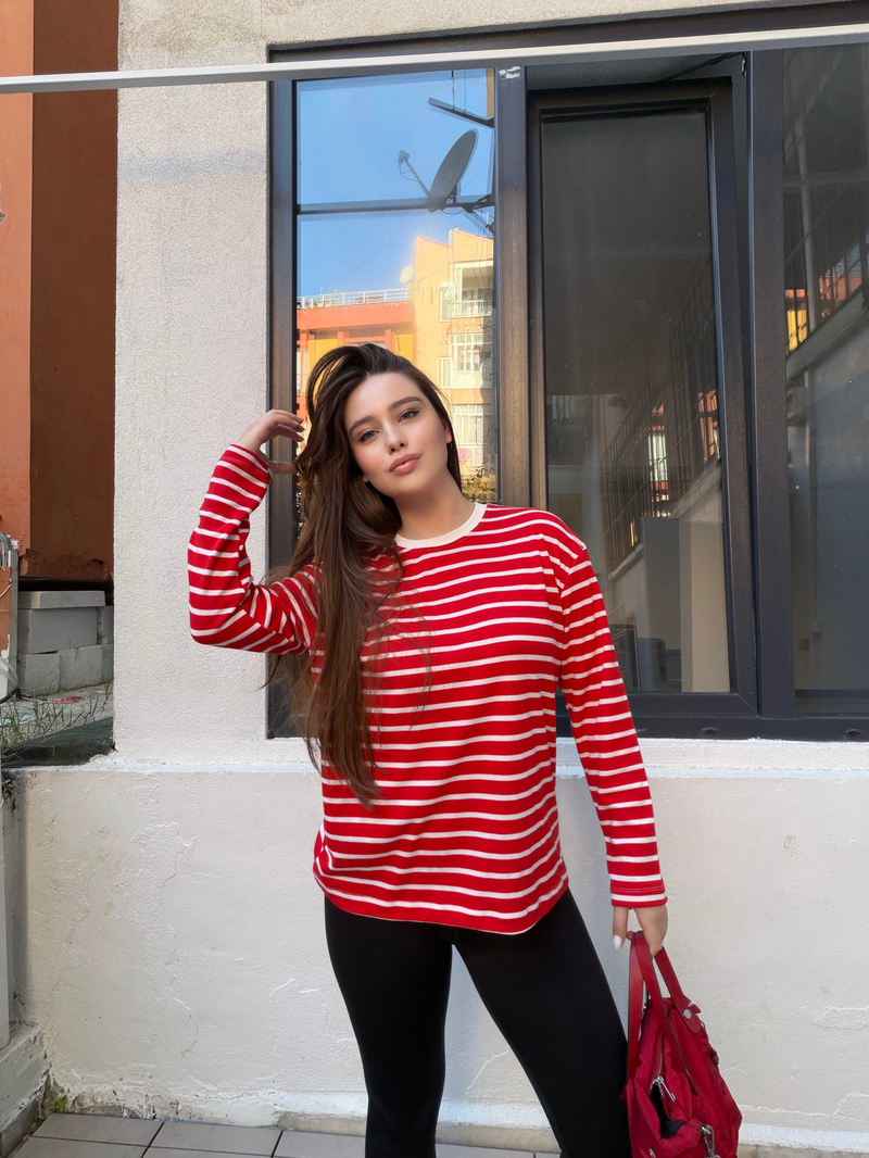 Kırmızı Çizgili Cotton Oversize T-Shirt