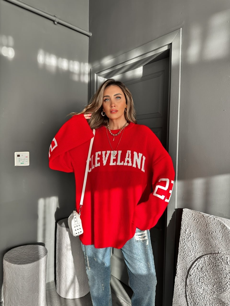 Kırmızı Cleveland Oversize Kazak
