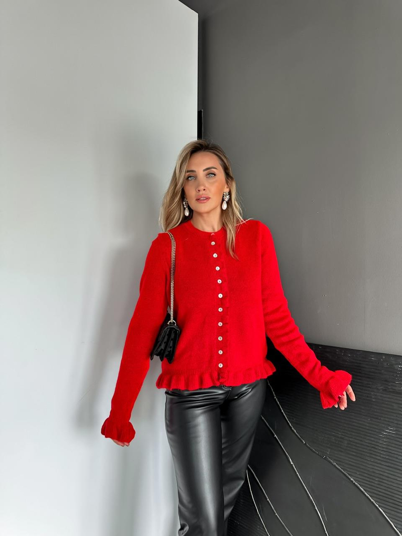 Kırmızı Fırfır Detaylı Hırka