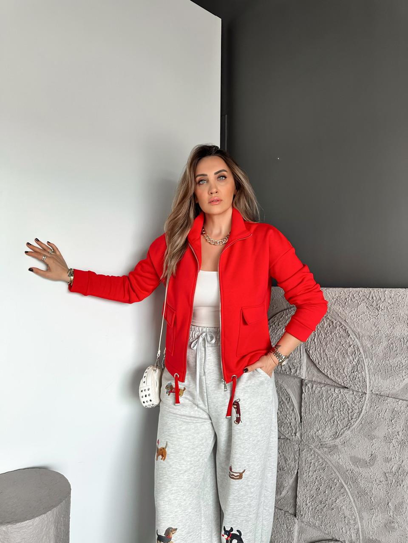 Kırmızı Kapak Cepli Şardonlu Sweatshirt