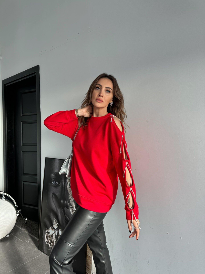 Kırmızı Tek Kolu İşlemeli Sweatshirt