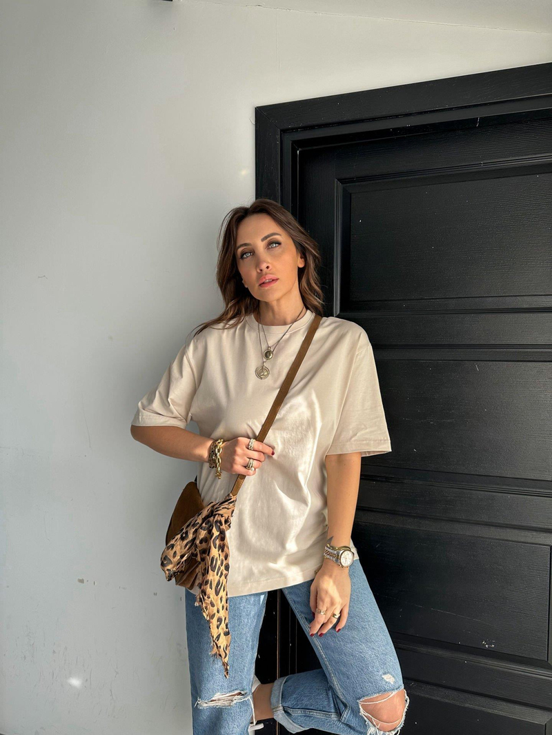 Krem Bisiklet Yaka Cotton Tshirt