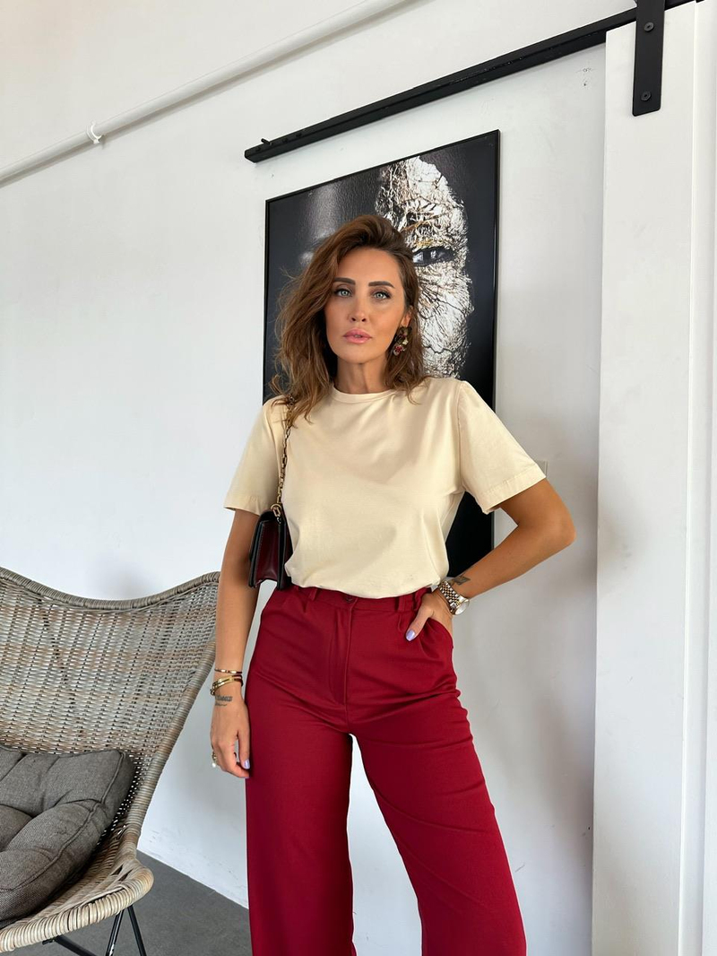 Krem Bisiklet Yaka Premium Tshirt