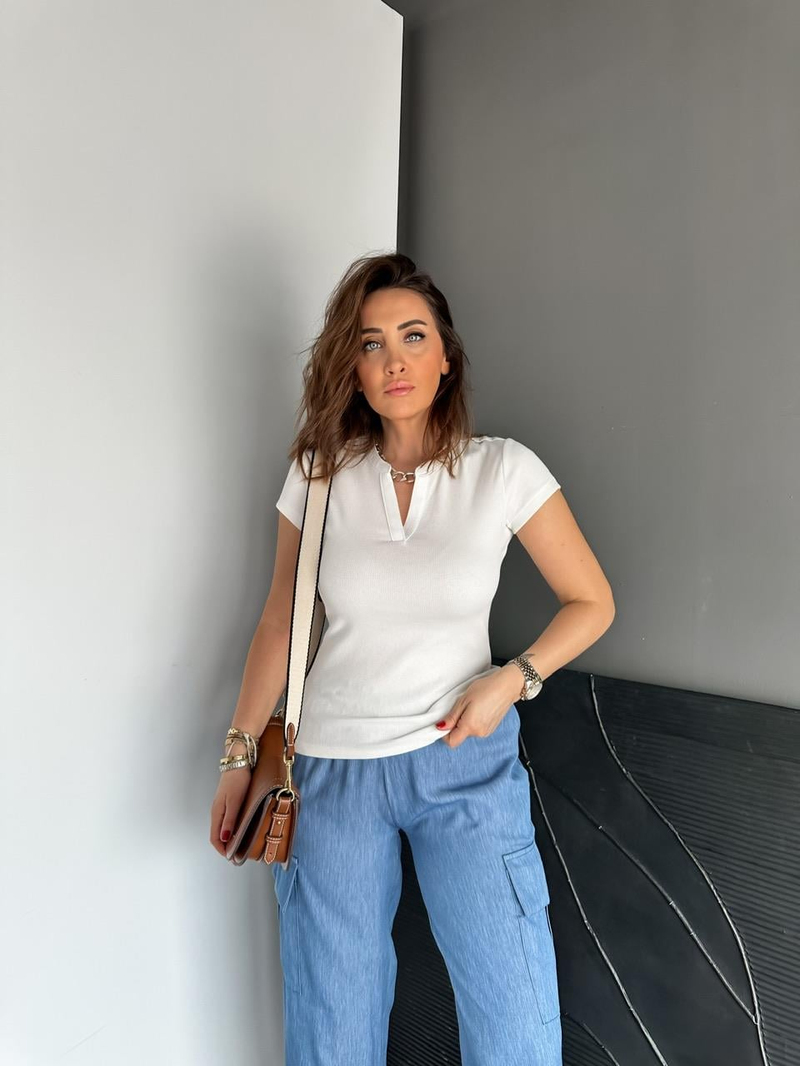 Krem Damla Yaka Cotton Tshirt
