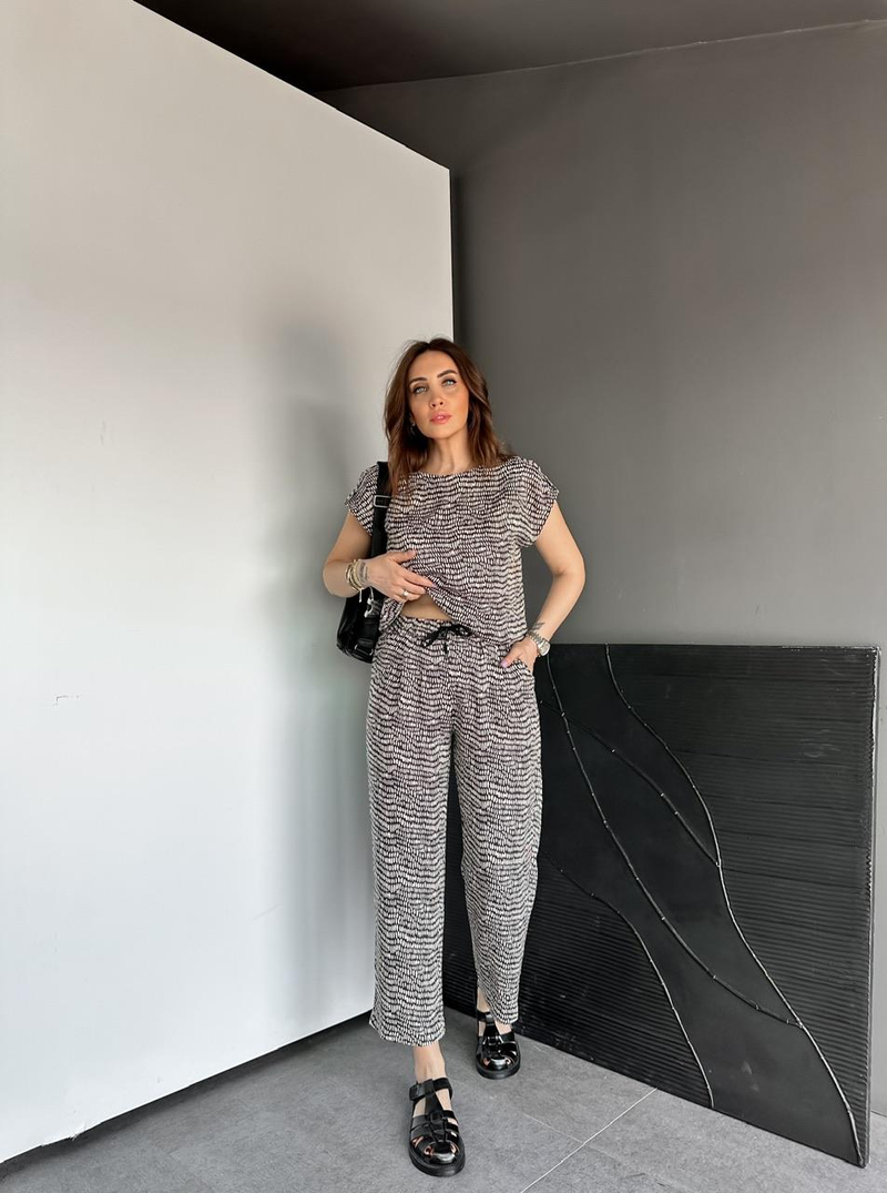 Krem Geometrik Desenli Cotton Takım