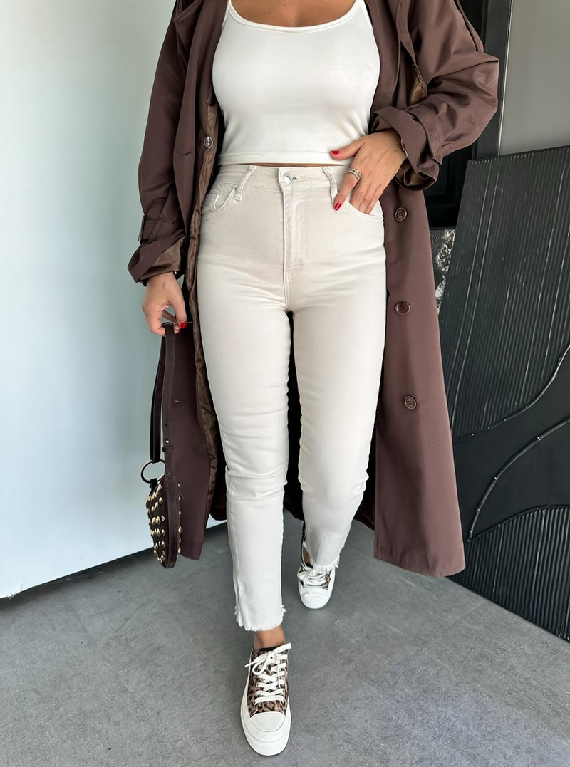 Krem Likralı Slim Fit Premium Jean