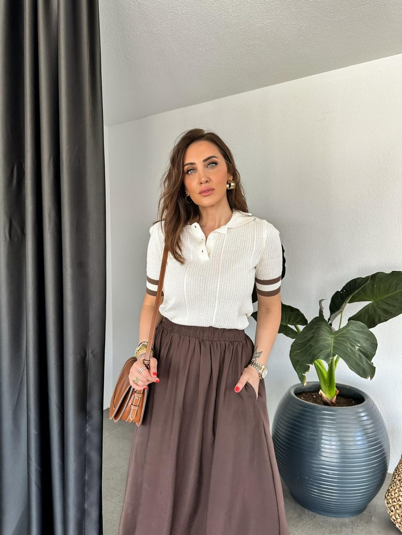 Krem Polo Yaka Şeritli Triko