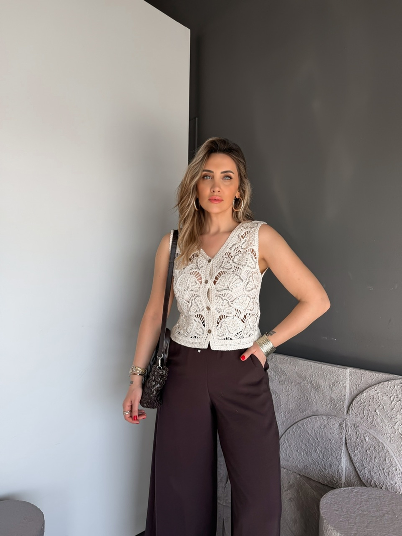 Krem Pullu Yaprak Desen Merserize Yelek