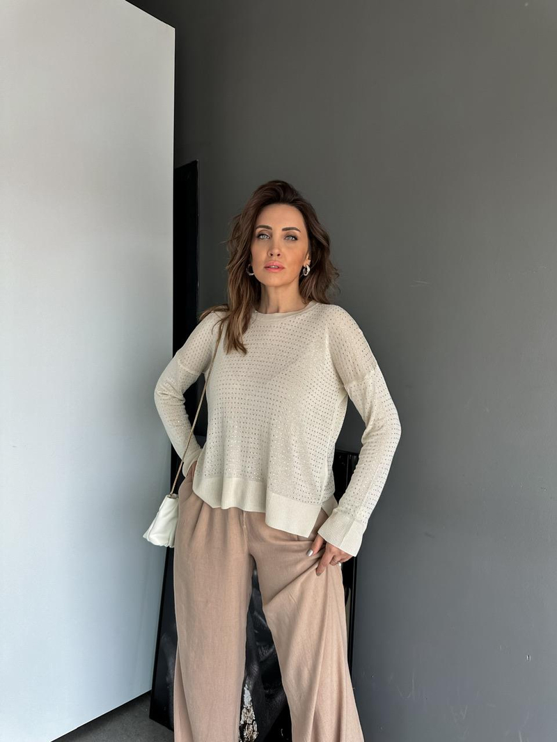 Krem Serpme Taşlı İnci Triko 