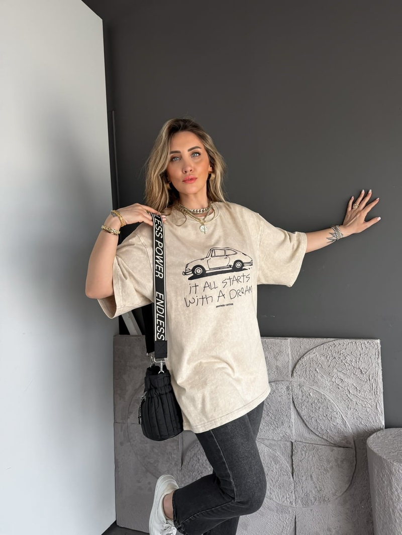 Krem Starts Arabalı Yıkamalı Tshirt