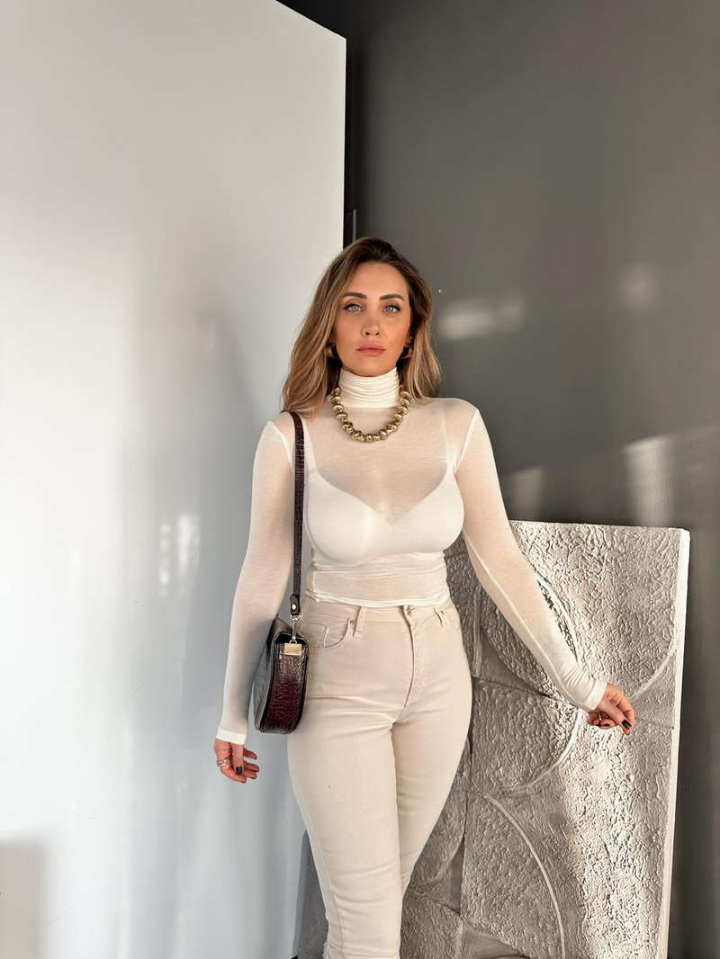 Krem Transparan Likralı Body