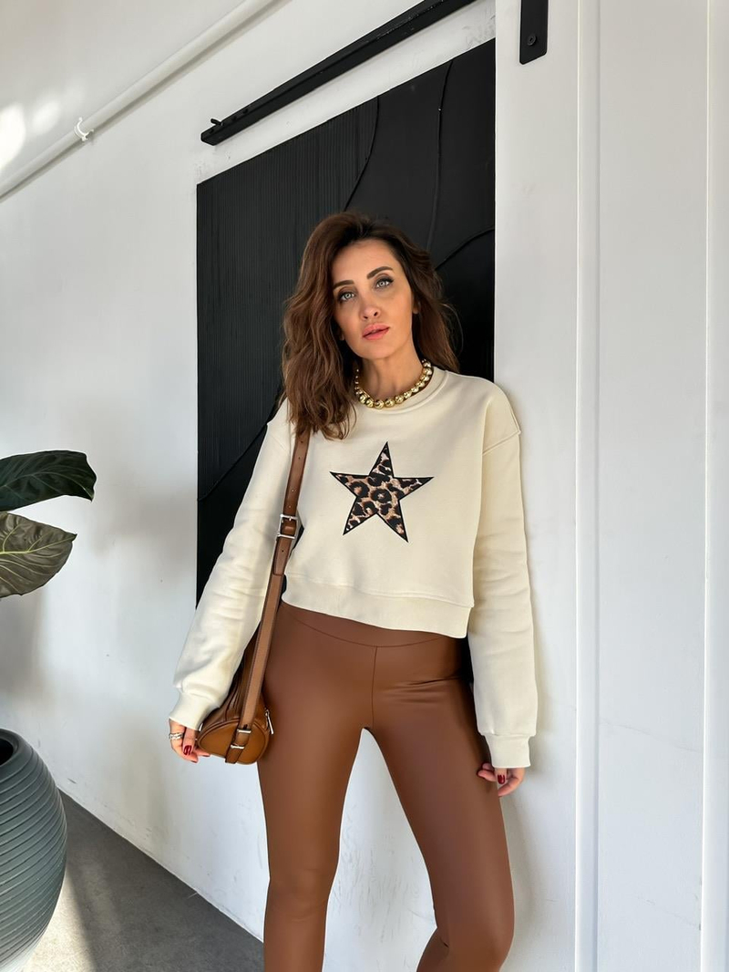 Krem Yıldızlı Crop Sweatshirt