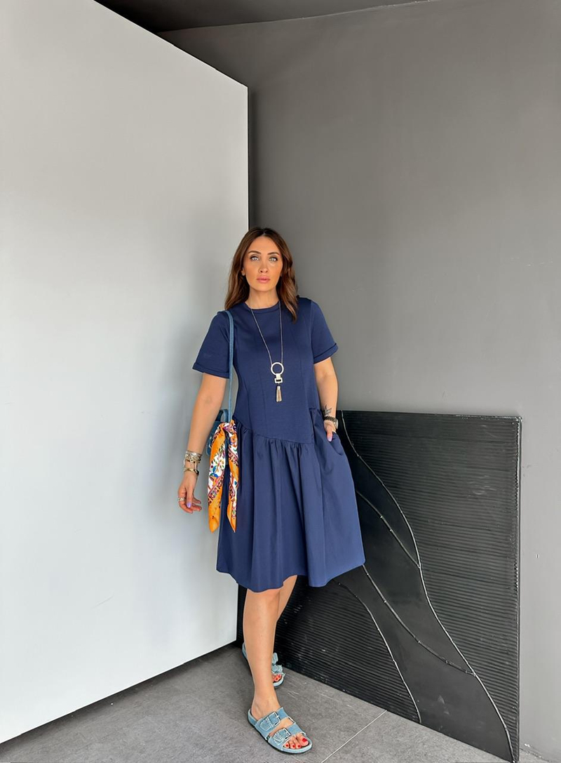 Lacivert Asimetrik Cepli Cotton Elbise