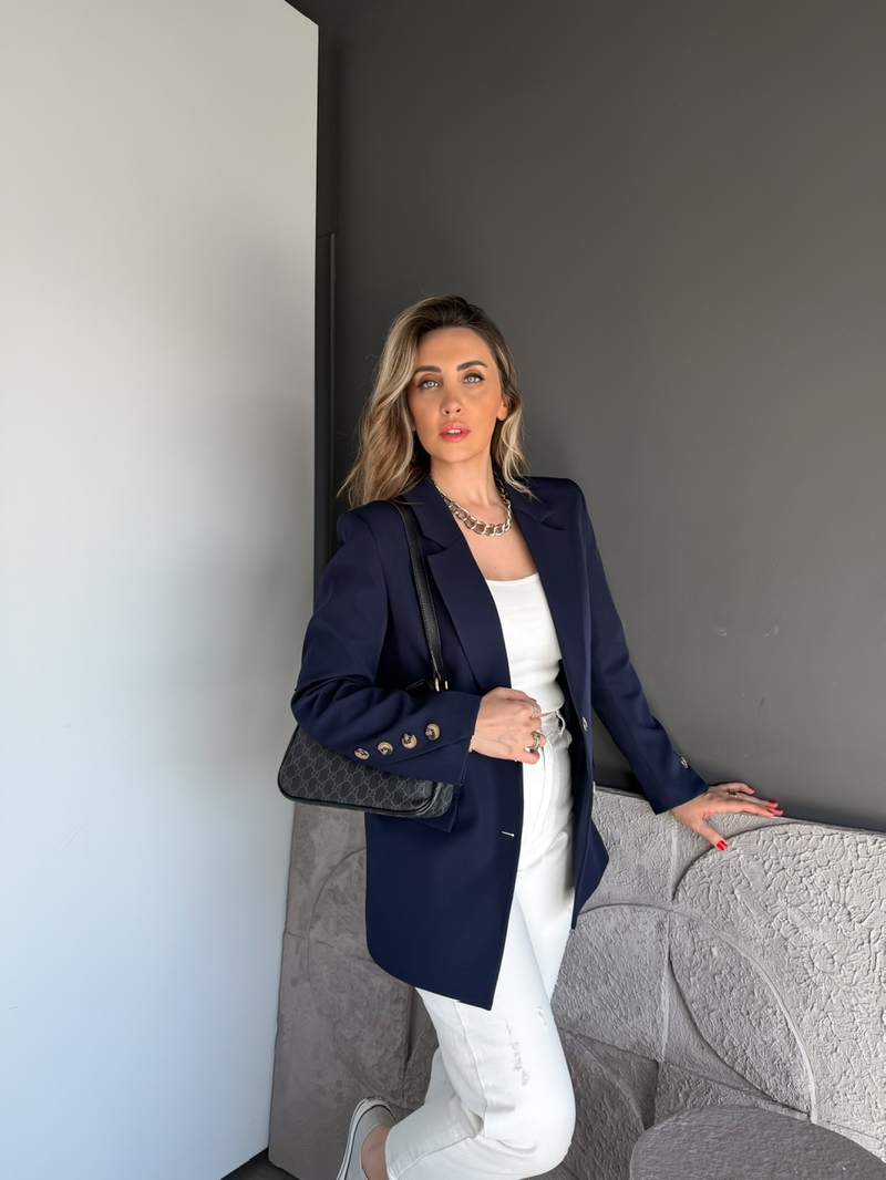 Lacivert Asimetrik Düğmeli Blazer Ceket