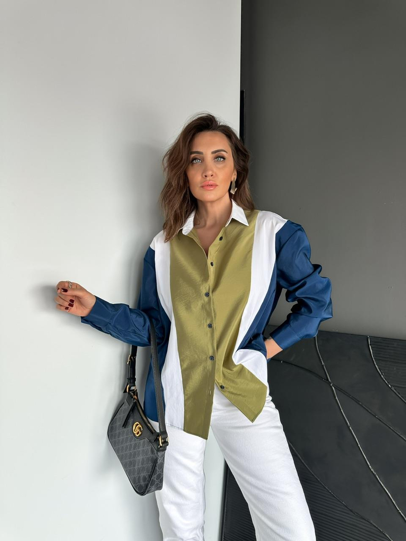 Lacivert Blok Renkli Tasarım Gömlek