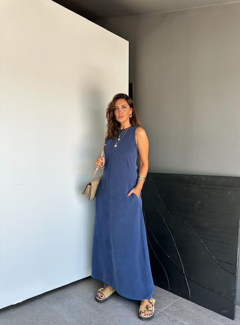 Lacivert Cepli Maxi Modal Elbise