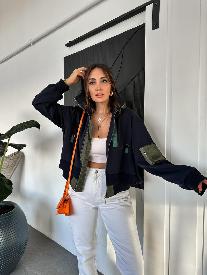 Lacivert Çitf Katlı Fermuarlı Tasarım Sweatshirt