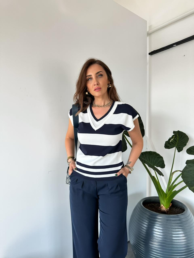 Lacivert Çizgili Çift Yakalı Triko