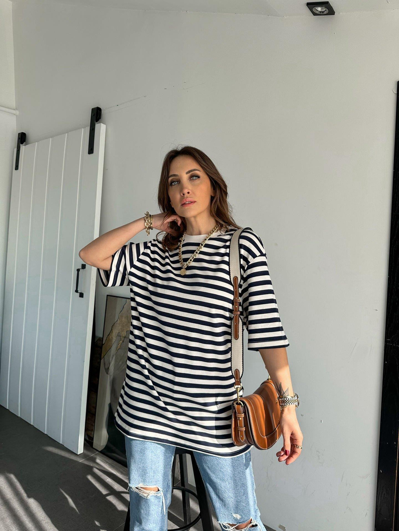 Lacivert Çizgili Cotton Tshirt