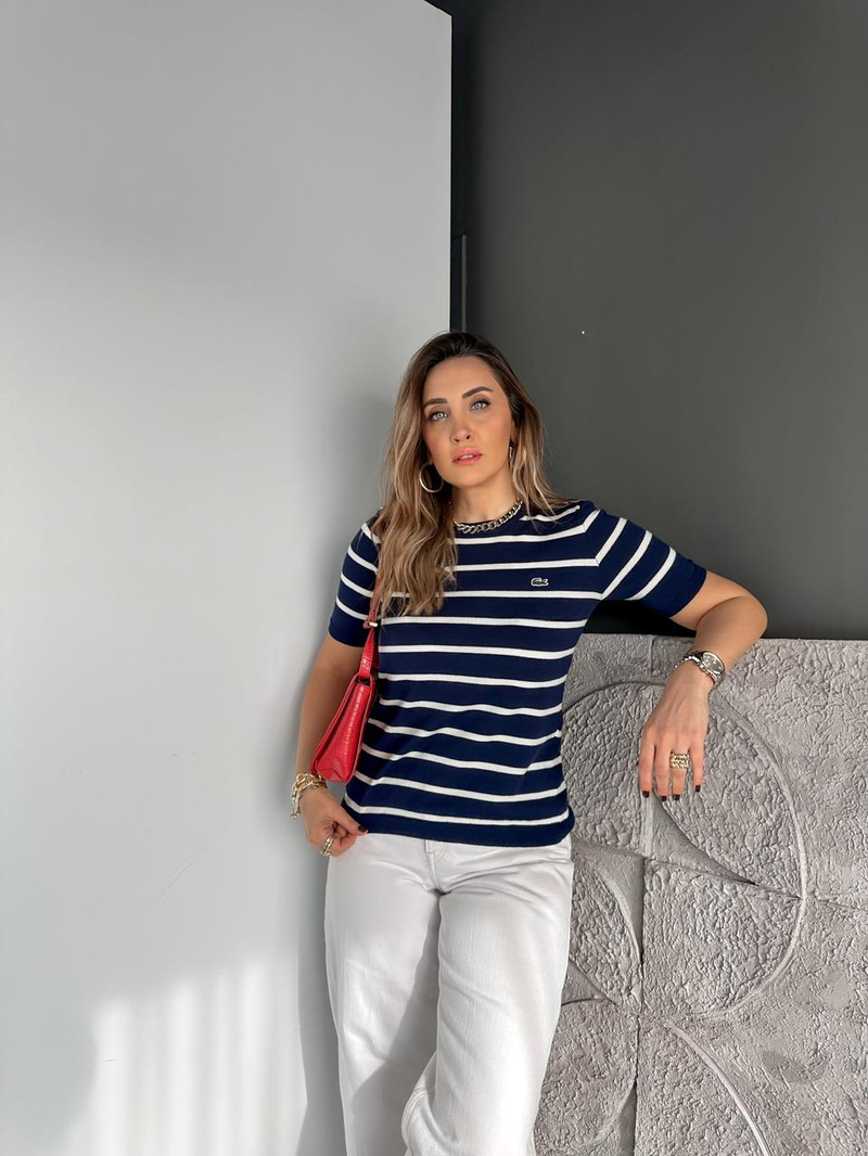 Lacivert Çizgili Logolu Kısa Kollu Triko