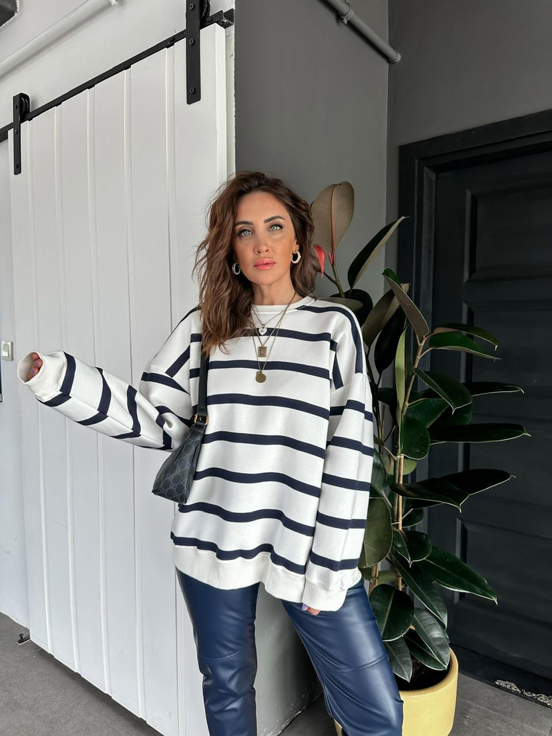 Lacivert Çizgili Oversize Sweatshirt