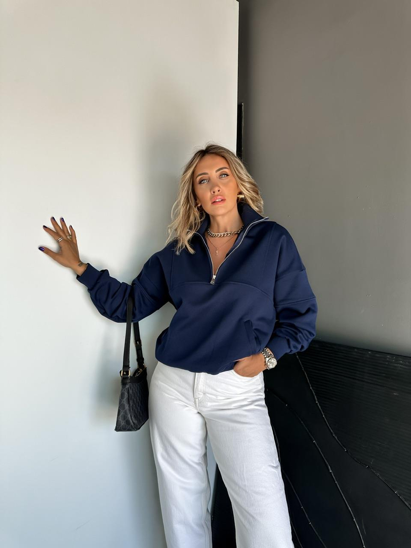 Lacivert Fermuarlı Ribanalı Orijinal Sweatshirt