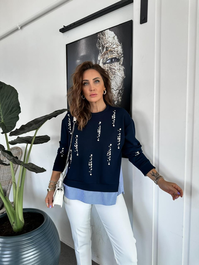 Lacivert İncili Tasarım Sweatshirt