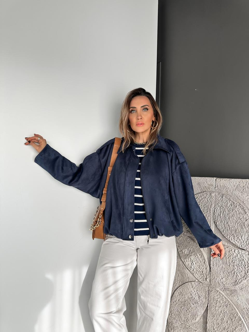 Lacivert Manşetli Süet Bomber Ceket