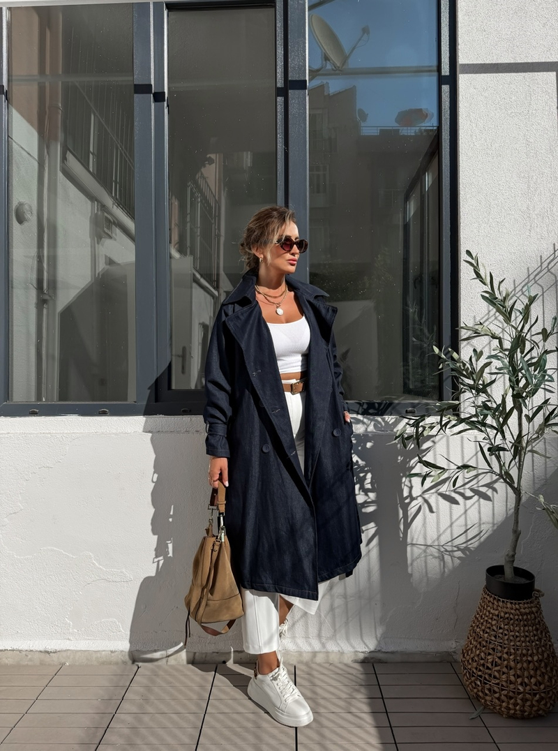 Lacivert Salaş Denim Trençkot