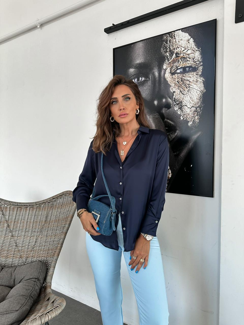 Lacivert Saten Sedef Düğmeli Gömlek 