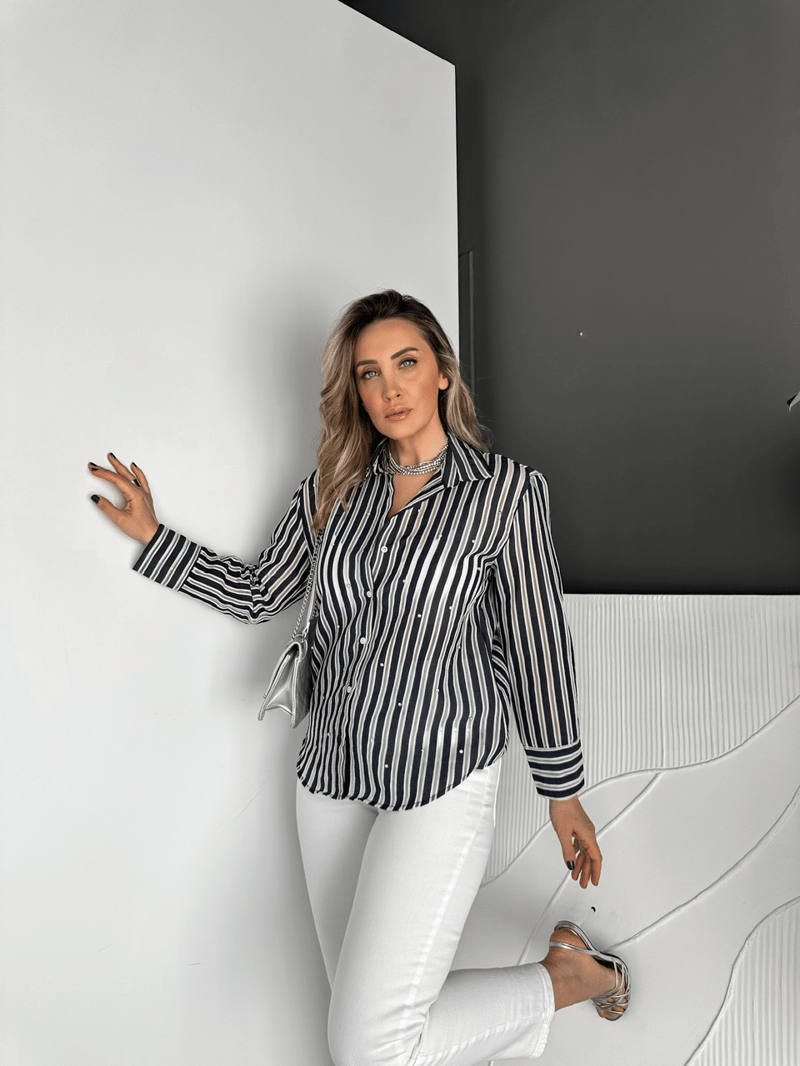 Lacivert Taşlı Çizgili Hayalet Gömlek