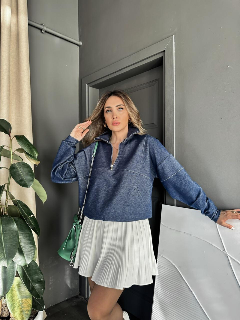 Lacivert Yakası Fermuarlı Dikişli Sweatshirt