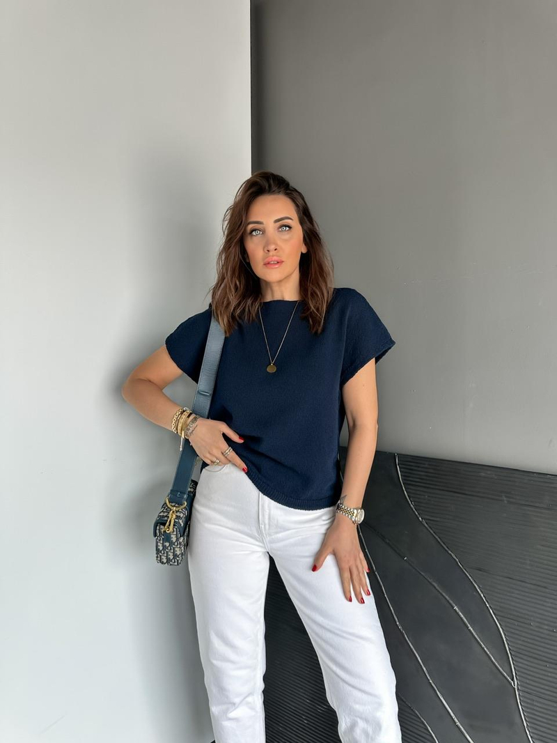 Lacivert Yarasa Kol Yumuşak Dokulu Tshirt