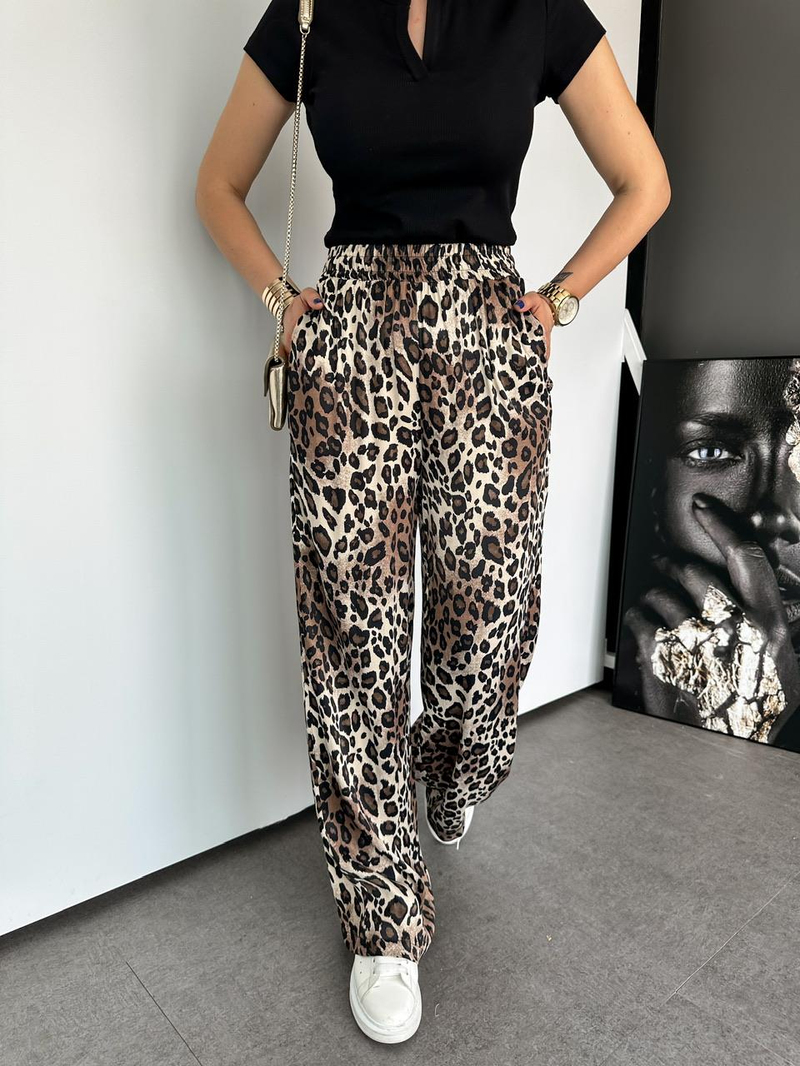 Leopar Beli Lastikli Saten Pantolon 
