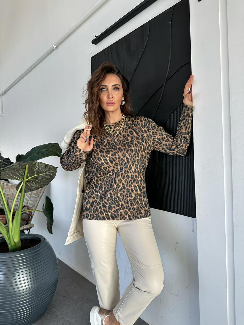 Leopar Desen Likralı Cotton Tshirt