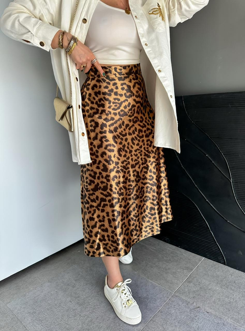 Leopar Desen Likralı Saten Etek